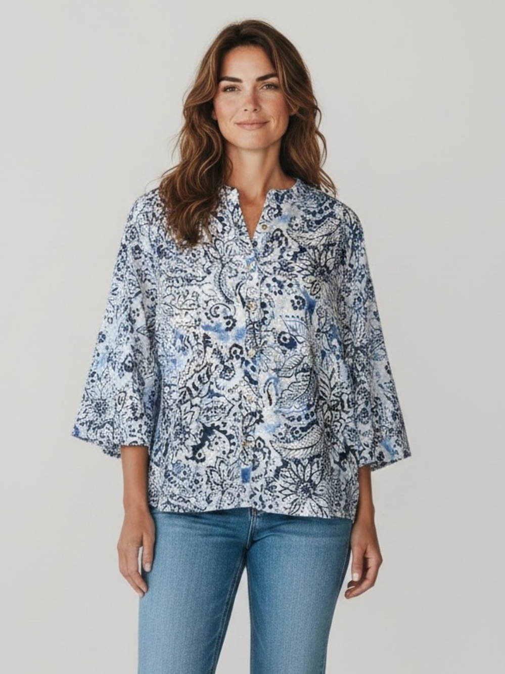 Tribal Jeans White Blue Floral Long Sleeve Button Down Top SZ Large Boho Summer